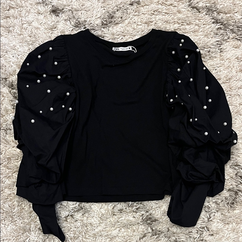 Zara crop top. Black. Pearl novelty sleeves. US womens size small. New.